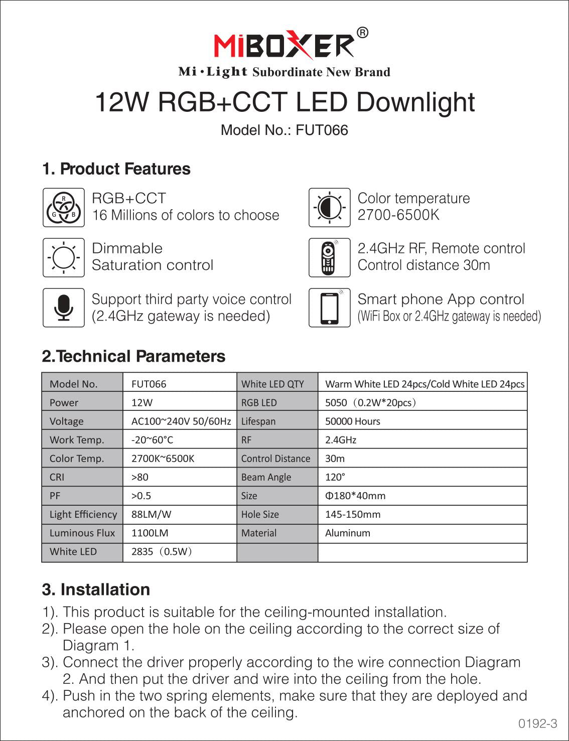 Miboxer LED Downlight 12W RGB CCT FUT066 Round AC 100V-240V Brightness Adjustable Smart LED Living Room Light Bedroom Downlight