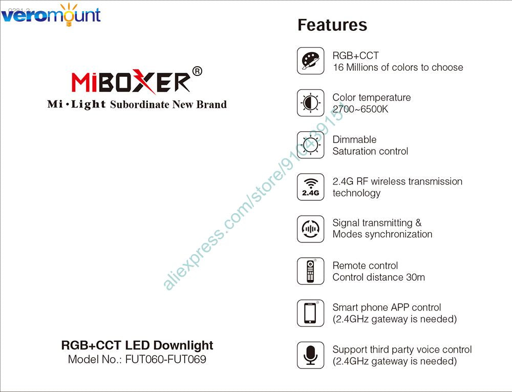 MiBoxer FUT061 9W Smart RGB+CCT LED Recessed Ceiling Downlight AC110V 220V 2700K~6500K 2.4G RF Wireless Remote WiFi APP Control