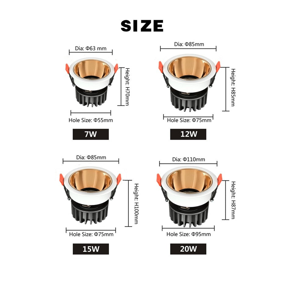 Anti-Glare Downlight7W 12W 15W Dimmable LED lamp Recessed Spotlight Warm White Natural Cool White Light AC85-265 Indoor lighting