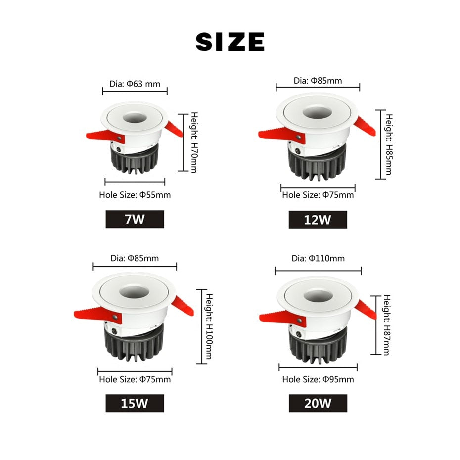 Dimmable LED Downlight 7W 12W 15W Round Recessed Lamp AC220V 110V Bulb Bedroom Kitchen Indoor Anti Glare Spot Lighting