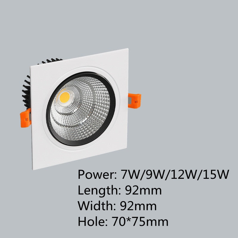 Square Dimmable led downlight lamp 7W 9W 12W 15W cob led spot 220V / 110V ceiling recessed downlights square led panel light