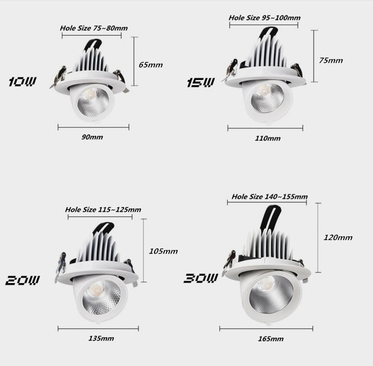 Dimmable Embedded Retractable LED Downlights 10W 20W 30W AC85-265V Adjustable 360° COB LED Ceiling Spot Lights Indoor Lighting