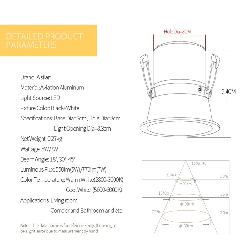 Aisilan LED Downlight Angle Adjustable Built-in 7W Chip Spot light Aluminum Lamp for Indoor Lighting AC90-260V