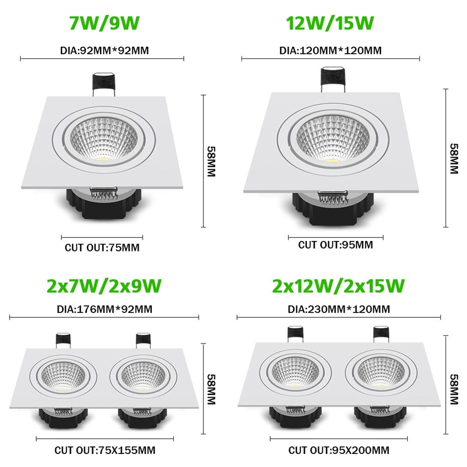 Square Recessed Ceiling Downlight LED COB Spot light 7W 9W 12W 15W LED Ceiling Lamp Dimmable Spotlights AC110 220V Indoor Lamp