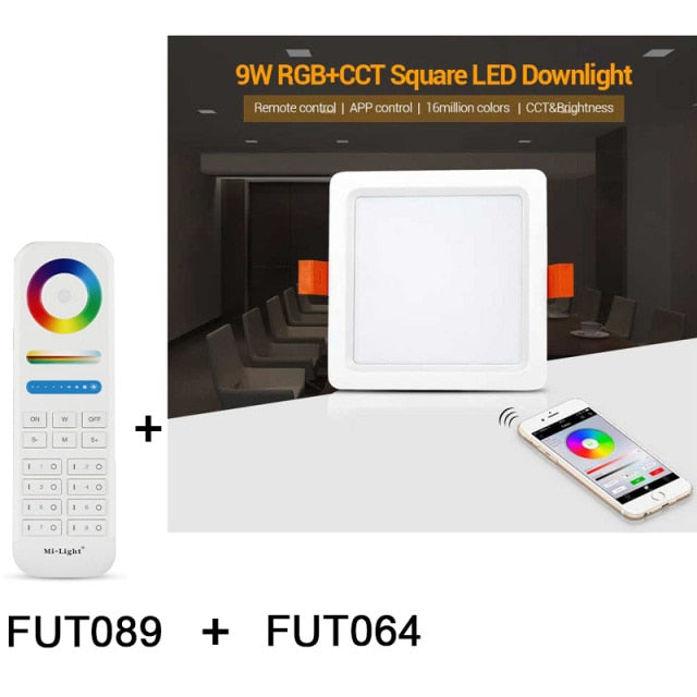 FUT064 9W RGB+CCT Square LED Downlight AC100~240V, FUT089 8-Zone RGB+CCT Remote Controller