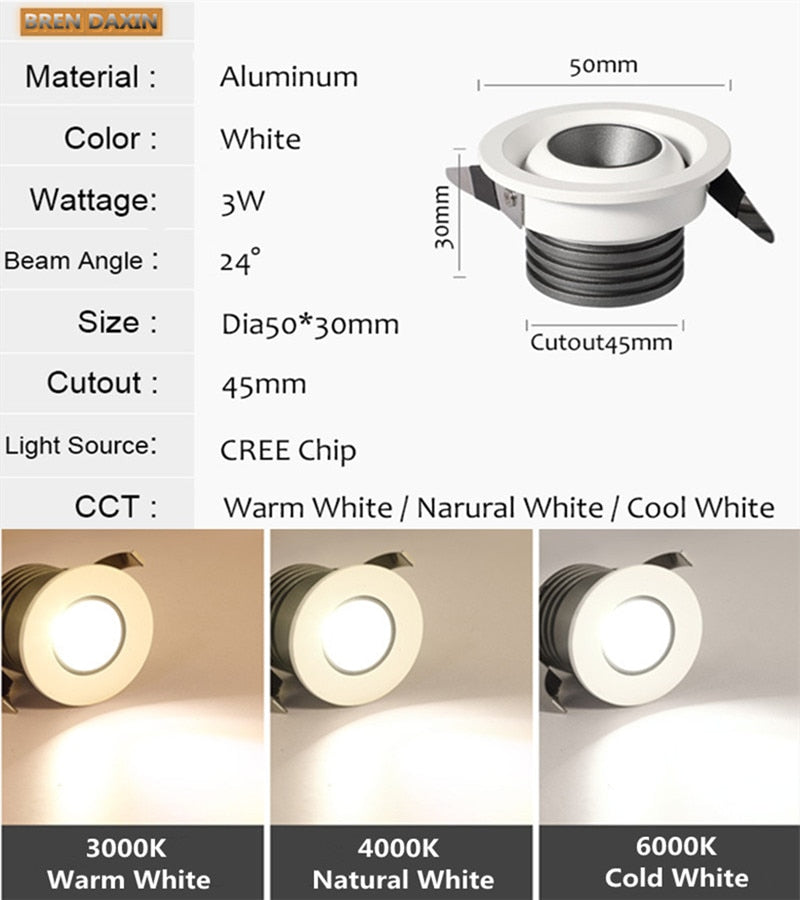 New Design CRI90 Dimmable Led Downlight Light 3W Round Recessed Ceiling Lamp AC 110V 220V Home Decor Indoor Spot Lighting 2021