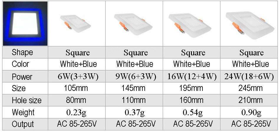 LED Ceiling Recessed panel Light 6W 12W 16W 24W Panel lamp decoration round square Led Panel Downlight Blue+White 2 color