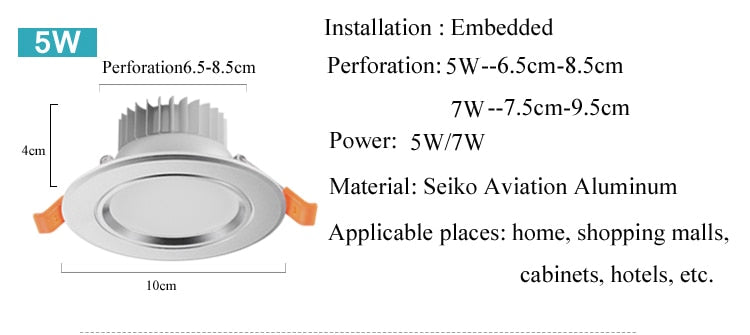 NEARCAM LED Downlight 5W 7W Embedded Round LED Spotlight AC 220V 230V 240V Indoor Lighting Warm White Cool White Tri-color Light
