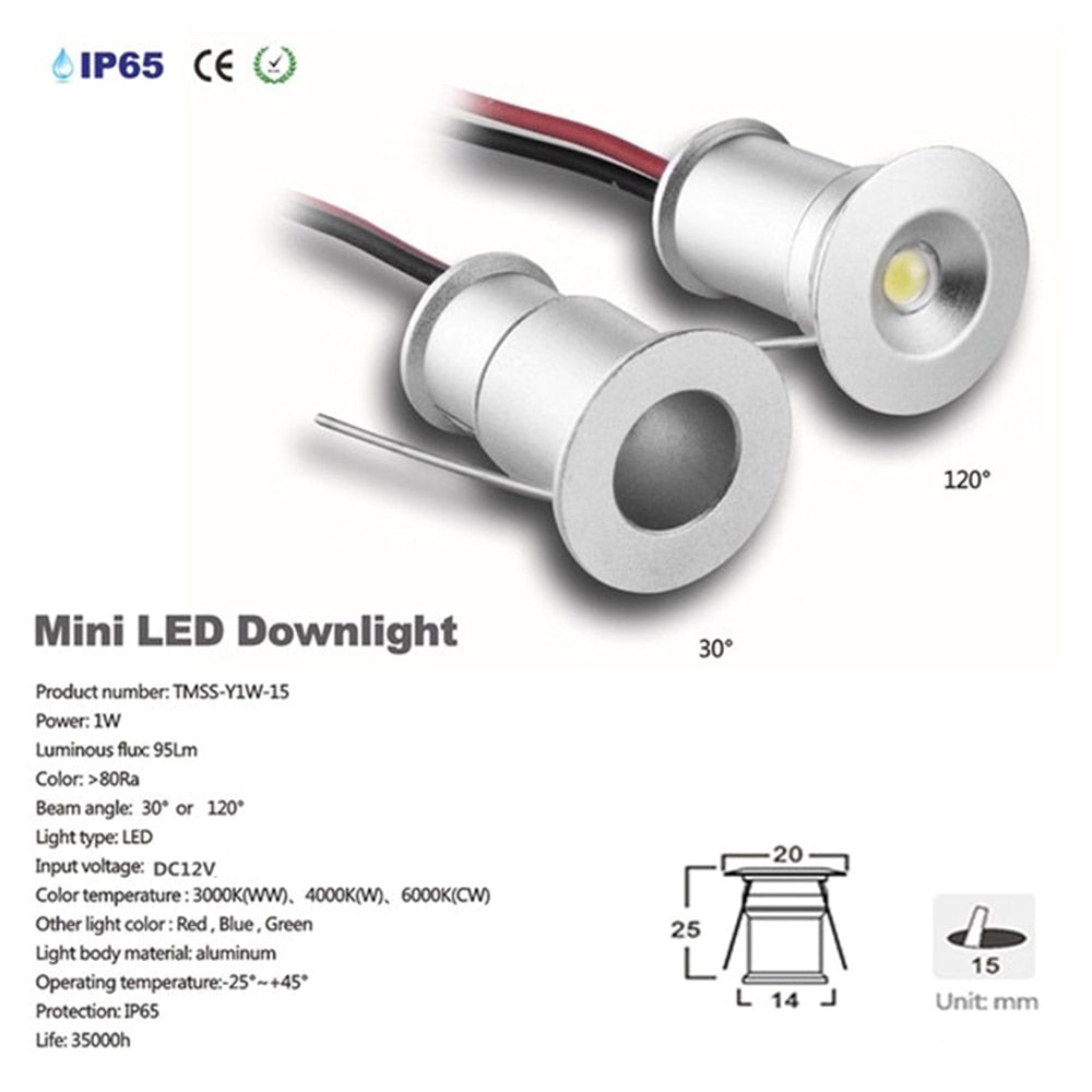 IP65 12V Mini LED Downlight Recessed Ceiling Lighting Spot Light Corridor Lamps 1W Dimmable Spotlight for Showcase Cabinet