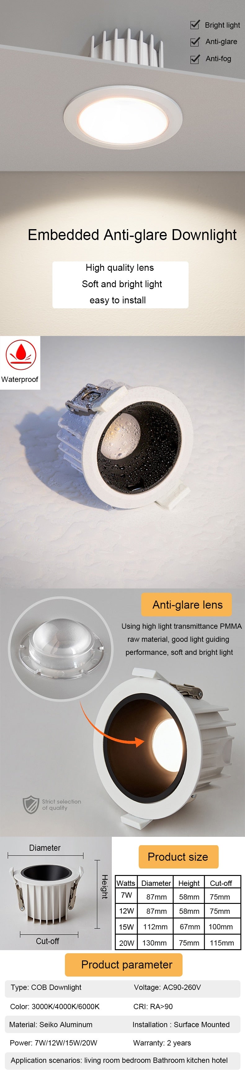 Embedded Ceiling Led Downlight 15W Home Hotel Villa Waterproof Anti-Fog and Moisture-Proof Super Bright Cob Anti-Glare Downlight