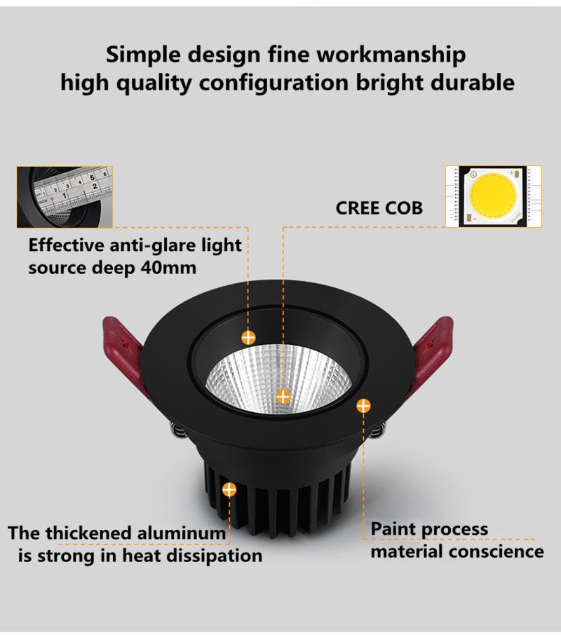 Dimmable Anti-Glare Downlight Embedded 7W 9W 12W 15W 18W Adjustable Angle Home Living Room Background Wall LED Spotlight