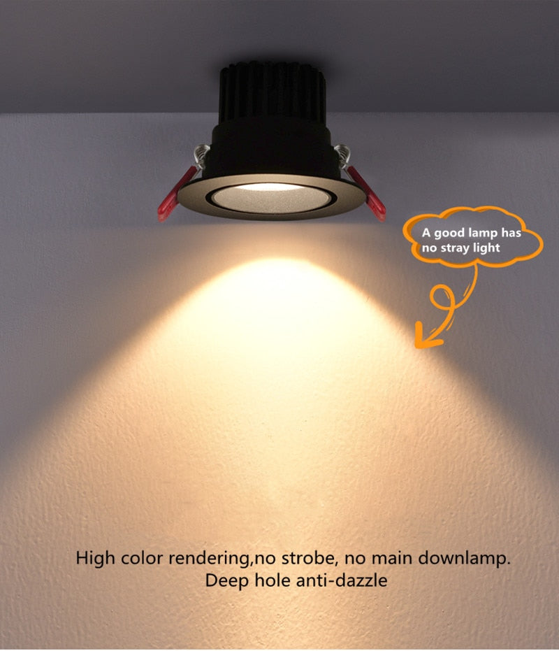 Dimmable Anti-Glare Downlight Embedded 7W 9W 12W 15W 18W Adjustable Angle Home Living Room Background Wall LED Spotlight