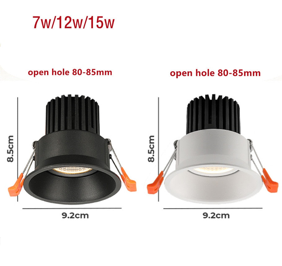 Dimmable Round Anti-Glare Led Downlight COB Ceiling SpotLight 7W 12w 15w AC85-265V Recessed Indoor Lighting Quality Assurance