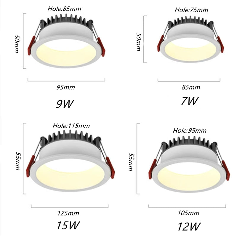 Dimmable Recessed Anti Glare LED Downlights 7W/9W/12W/15W LED Ceiling Spot Lights AC85~265V Background Lamps Indoor Lighting
