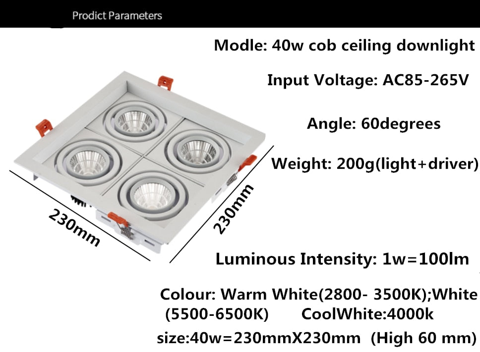 Dimmable super bright 4 heads recessed square LED Downlights COB 40W LED Spot lights LED decoration Ceiling Lamp AC85-265v
