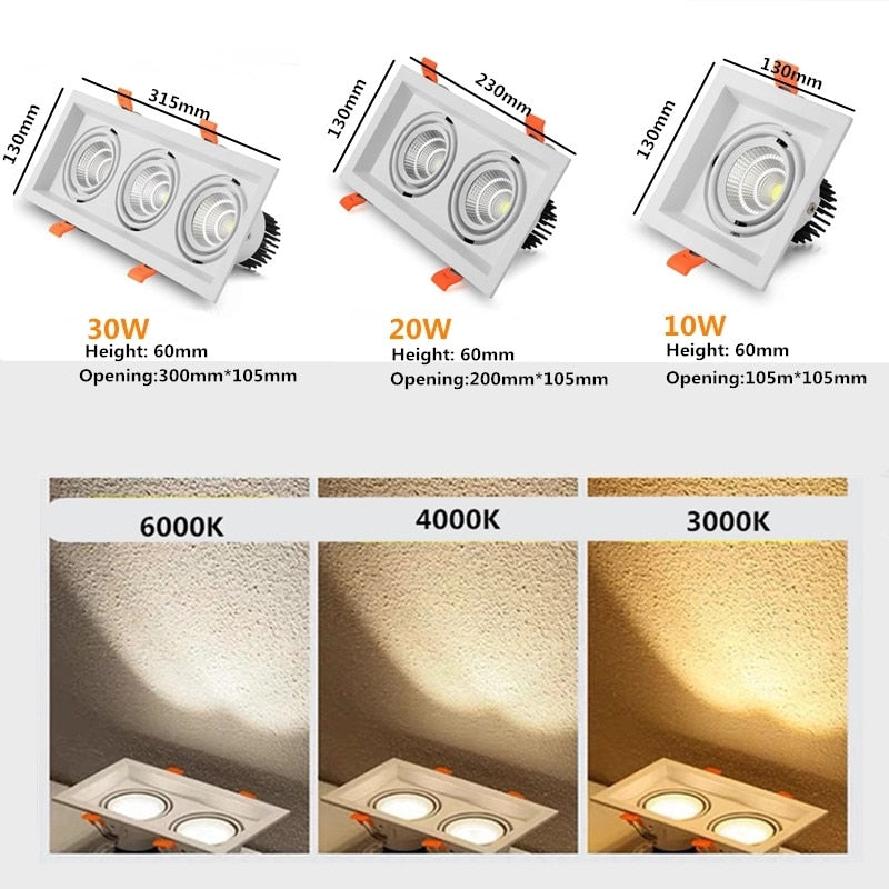 Super Bright Square Dimmable LED Downlight, COB, 10w, 20W, 30w, Decoration Spotlight, Ceiling Lamp, AC85-265v, 1pcs