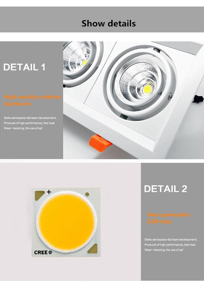 Super Bright Square Dimmable LED Downlight, COB, 10w, 20W, 30w, Decoration Spotlight, Ceiling Lamp, AC85-265v, 1pcs