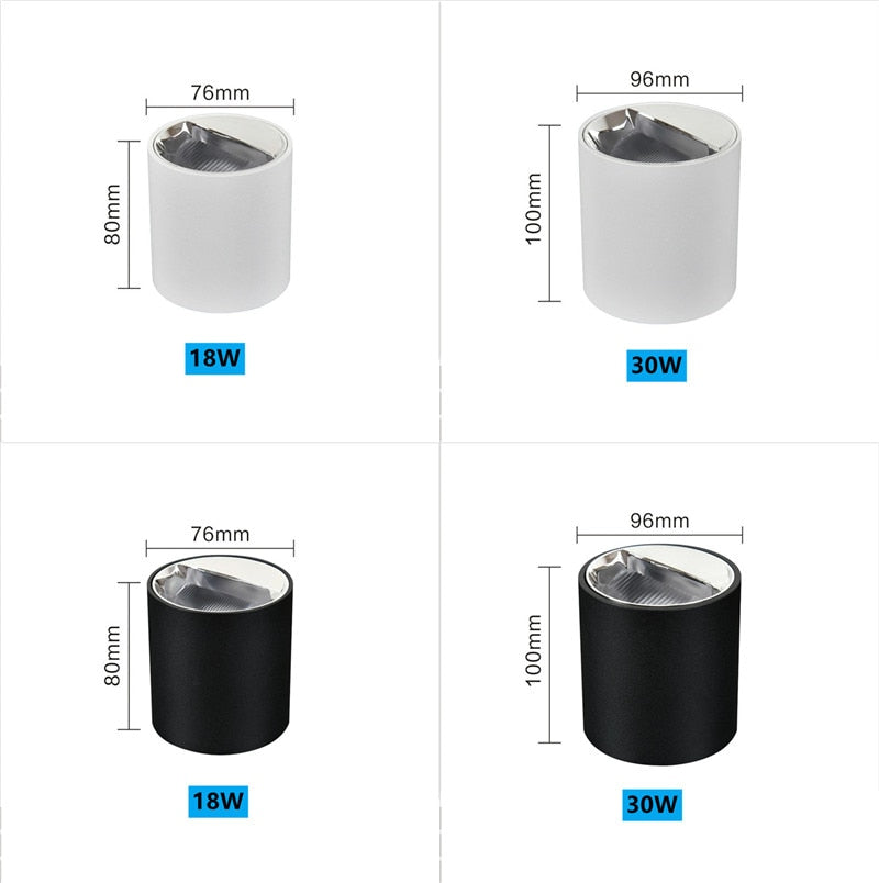 NEW Circular Aviation Aluminum Surface Mounted Ceiling Downlight White Black LED Spotlight 18W 30W 12° Dimmable 110V 220V