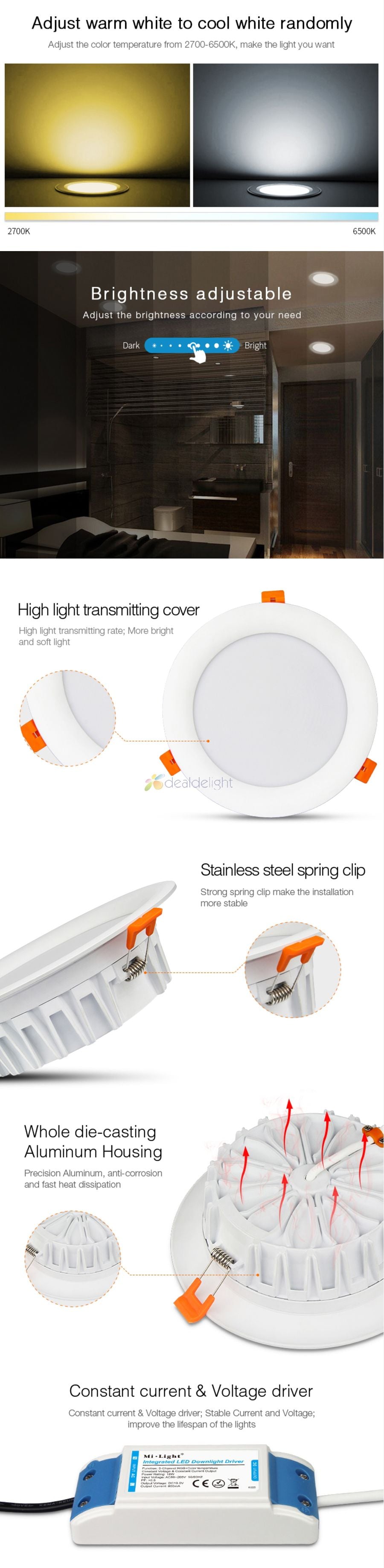Milight 18W RGB+CCT Led Downlight FUT065 Color temperature Brightness Adjustable Wireless WIFI APP Control AC100-240V