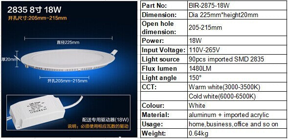 Manufacturer Retail &l amp; Wholesale 18w super thin Round led ceiling light white/warm white led panel light