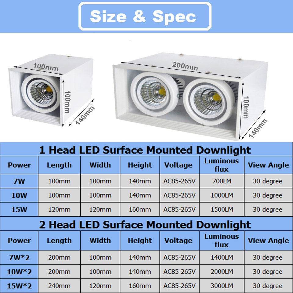 LED Downlight 14W 20W 30W Surface Mounted 1 Head 2 Head LED LED Grille Light AC85-265V COB LED Spot For Home Decor