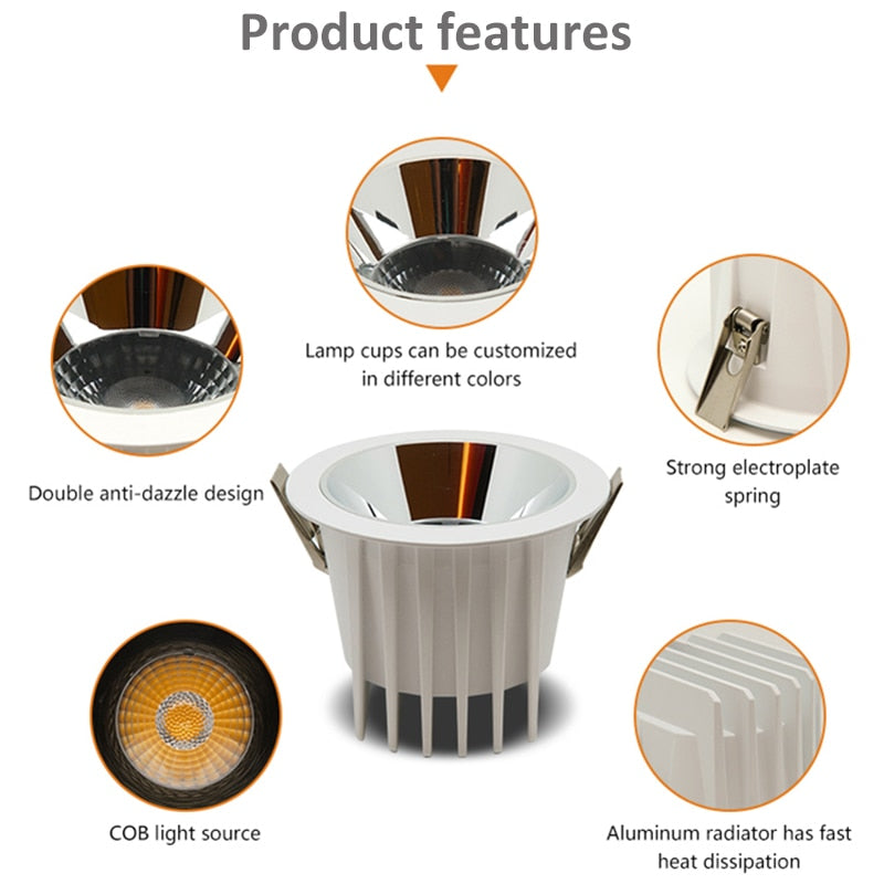 Indoor New Double Anti Glare LED COB Downlight Embedded Ceiling 20w 30w Home Kitchen Drawing Room Lighting Dimmable Office Lamp