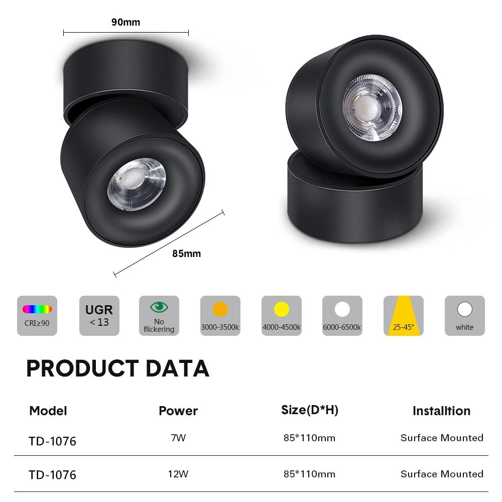 Led Surface Mounted Ceiling Downlight Round Curve Adjustable 90 degrees Nordic Spot light For Living Room Foyer Store AC90-265V