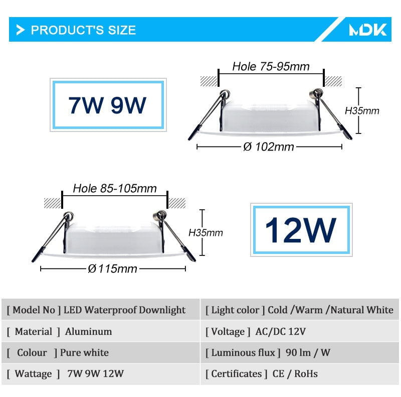 Led Downlight 5W 7W 9W 12W AC/DC 12V Ceiling lamp Recessed Cold Natural Warm white Indoor Lighting