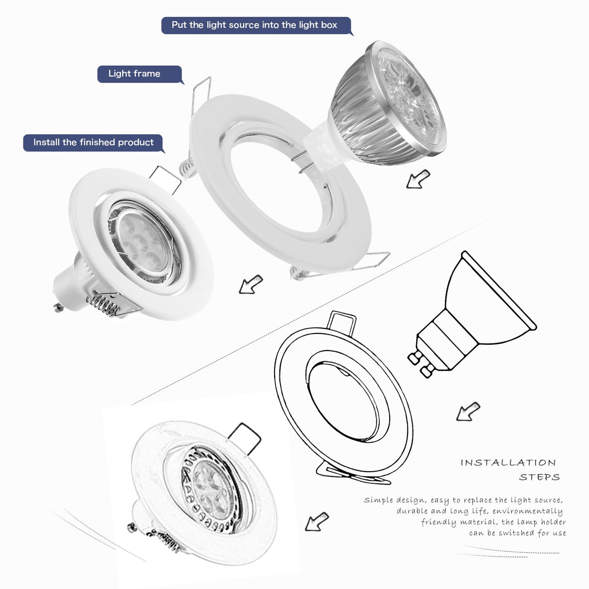 Black White Nickel Recessed LED Ceiling Light Fitting Round Adjustable Frame MR16 GU10 Bulb Fixture Downlight Holder Cutout 70mm