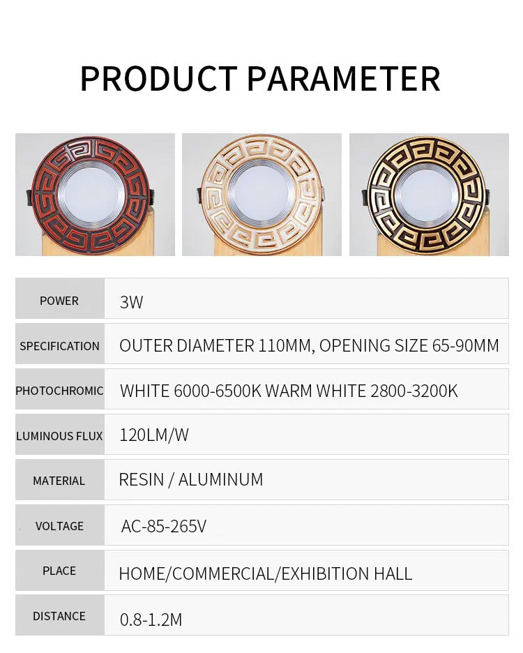 FLKL Chinatown Chinese Style LED Downlight 3W 5W Household Aluminum Alloy And Resin Material Embedded LED Downlight