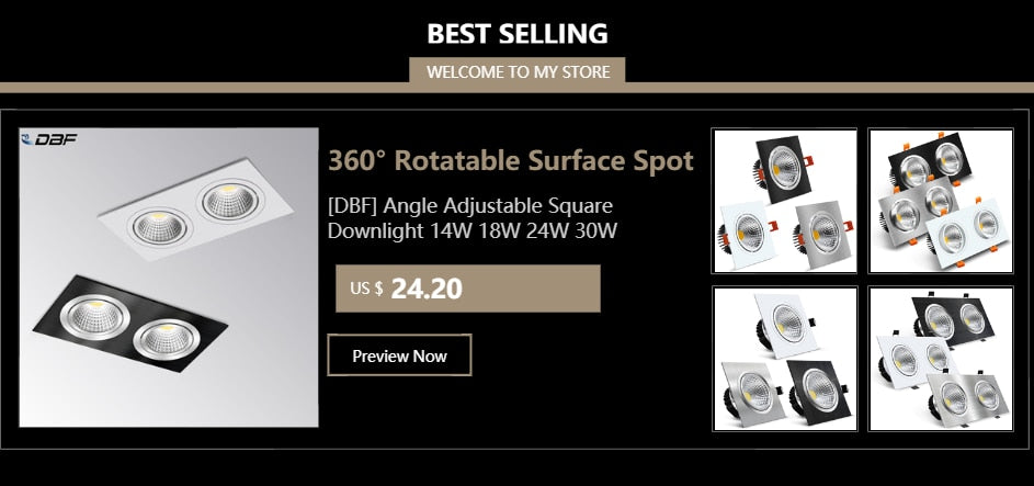 DBF Angle Adjustable Square Recessed Downlight 3000K/4000K/6000K Dimmable 10W 14W 18W 24W 2 Heads Ceiling Spot Light Home Decor