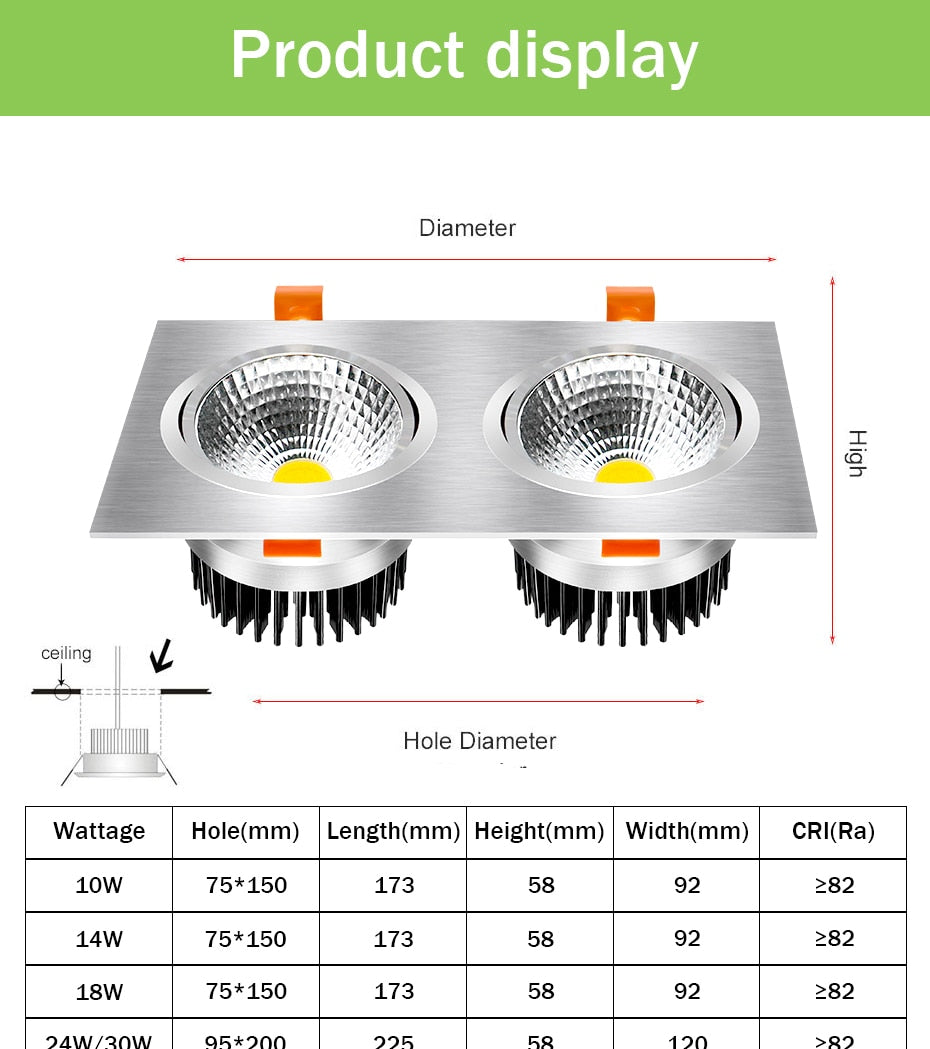 DBF Angle Adjustable Square Recessed Downlight 3000K/4000K/6000K Dimmable 10W 14W 18W 24W 2 Heads Ceiling Spot Light Home Decor