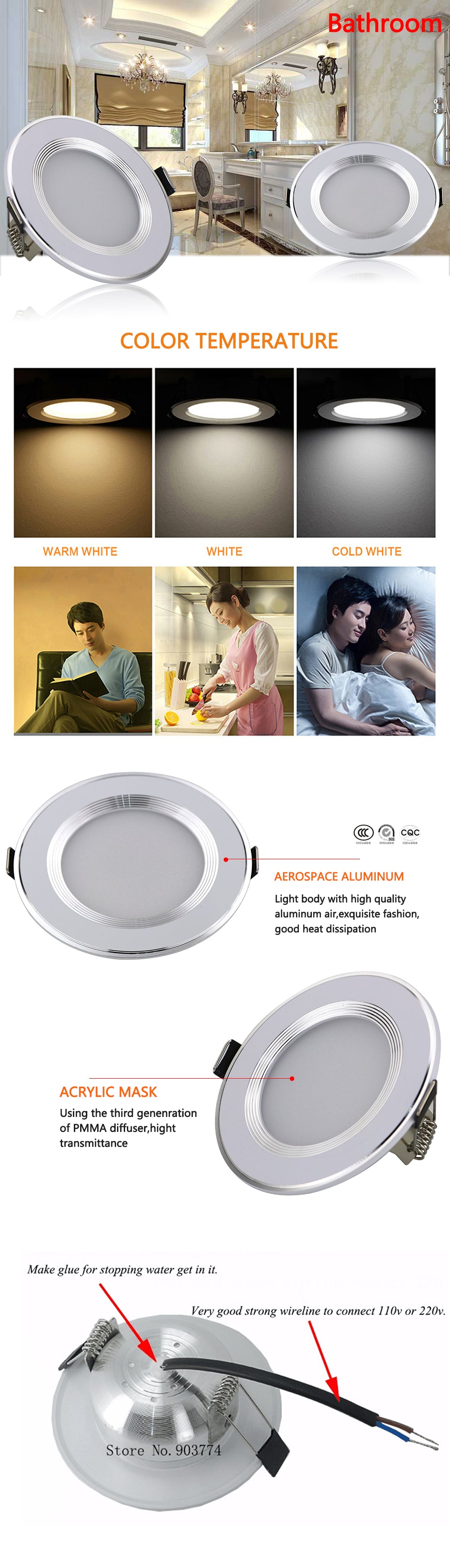 Dimmable 220V 5W/7W/9W/12W/15W WaterProof Driverless LED Light Downlight, Warm White Recessed Lighting lamps