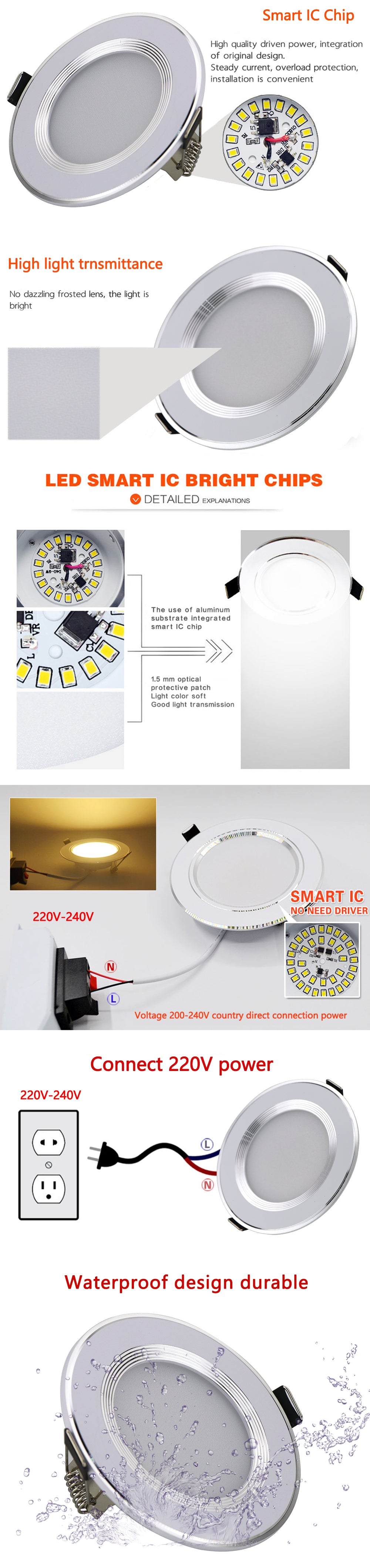 Dimmable 220V 5W/7W/9W/12W/15W WaterProof Driverless LED Light Downlight, Warm White Recessed Lighting lamps