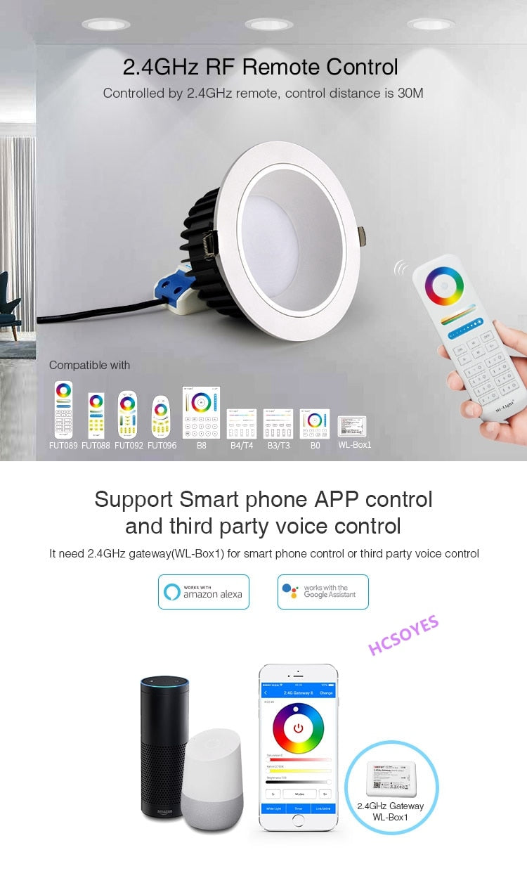 MIBOXER FUT070 FUT071 FUT072 AC100~240V 50/60Hz 6W 12W 18W RGB+CCT LED Downlight Smart Phone APP / Remote / voice control