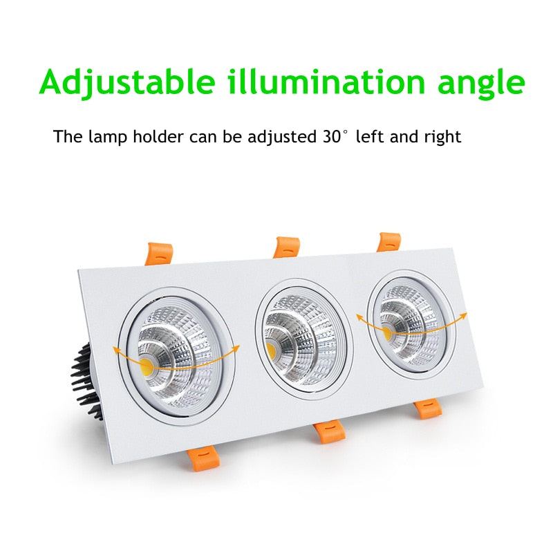Three Head COB LED Downlight, Dimmable Square Spotlight, Indoor Lighting, 3x 7W, 3x10W, 3x12W, 3x15W, AC85 ~ 265V