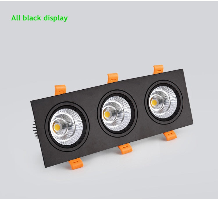 Three Head COB LED Downlight, Dimmable Square Spotlight, Indoor Lighting, 3x 7W, 3x10W, 3x12W, 3x15W, AC85 ~ 265V