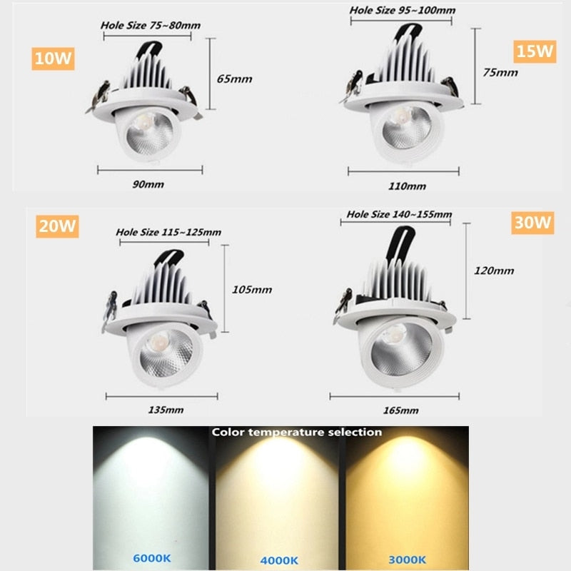 Dimmable LED Downlights Indoor Lighting 10W 15W 20W 30W, AC85-265V Adjustable 360° COB