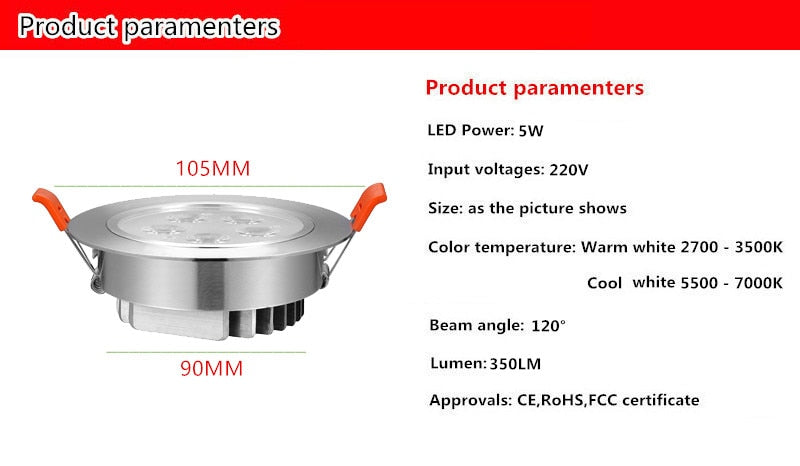 High power LED Downlight Recessed LED Spot light Lamp 3W 5W 7W 12W AC220V Aluminum Bulb For Living room bedroom Lighting