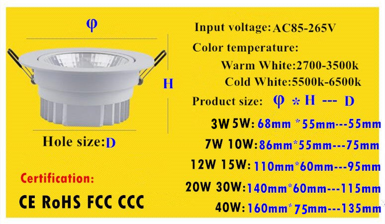 Dimmable LED Downlight 3W 5W 7W 10W 12W 15W 20W 30W Spot LED Dimmable 110V 220V LED Spot Recessed Downlight White house