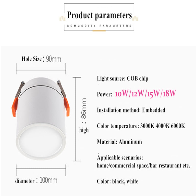 Dimmable LED Downlight COB Spotlight 10W 18W Ceiling Lamp AC85-265V Aluminum Recessed Downlights Round Led Panel Light