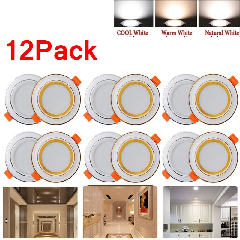 An assortment of 12 LED recessed downlights in white, with a round panel design, shown in different light color options including 'Cool White', 'Warm White', and 'Natural White'. The downlights are designed for indoor use and have a voltage of 220V.