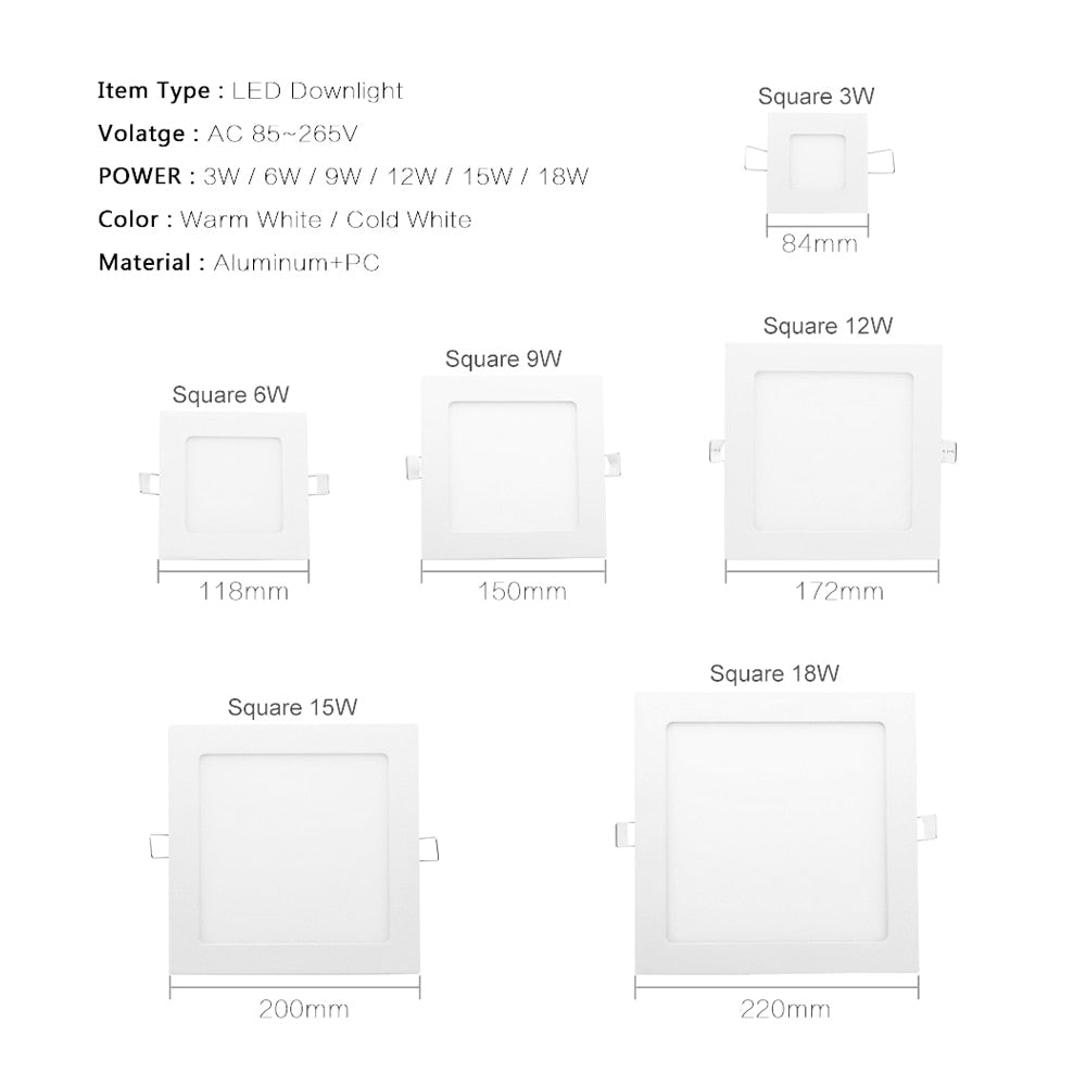 White Round Square LED Downlight 3W 6W 9W 12W 15W 18W Dimmable Ceiling Panel Light Recessed Bulb AC 220V 110V