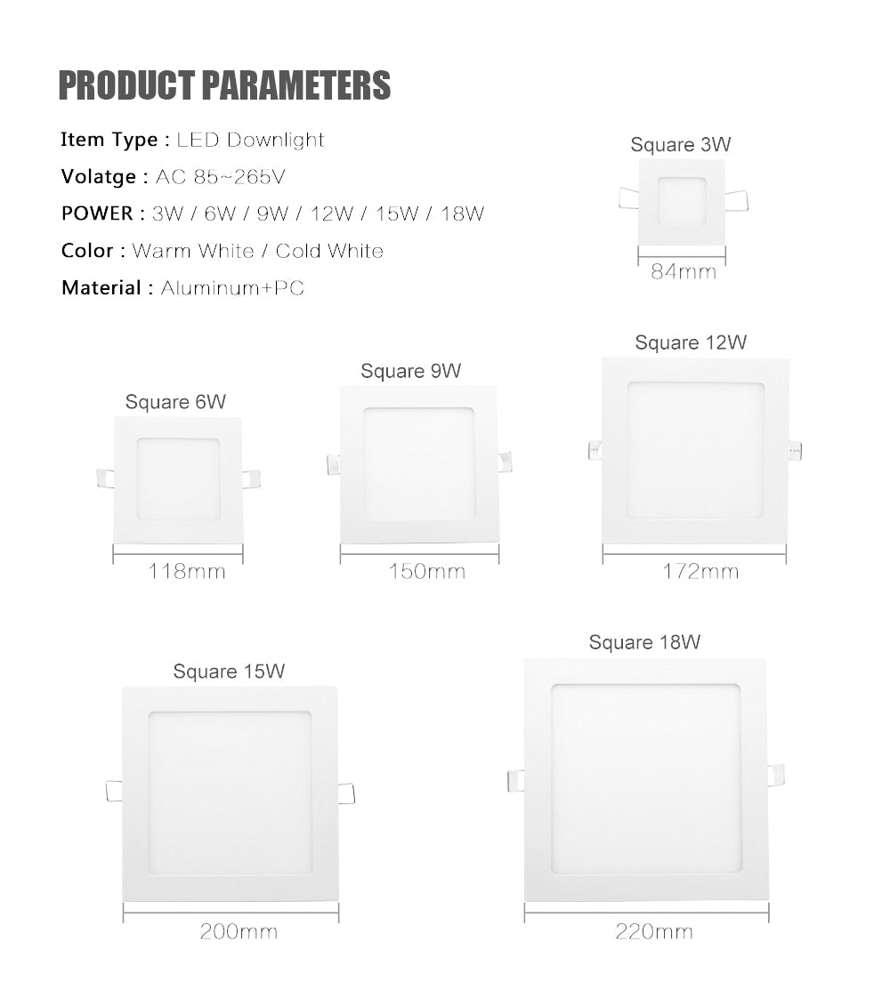 White Round Square LED Downlight 3W 6W 9W 12W 15W 18W Dimmable Ceiling Panel Light Recessed Bulb AC 220V 110V