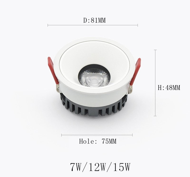 Anti-glare Recessed Ceiling Downlight lamp 7W 12W 15W Dimmable cob led spot lights Ceiling Fixtures Lighting AC85-265V