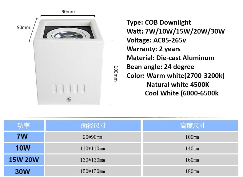 Square COB LED Downlights 15PCS/LOT 7W 10W 15W 20W 30W Surface Mounted LED Ceiling Lamps Spot Light LED Downlights AC85V-265V