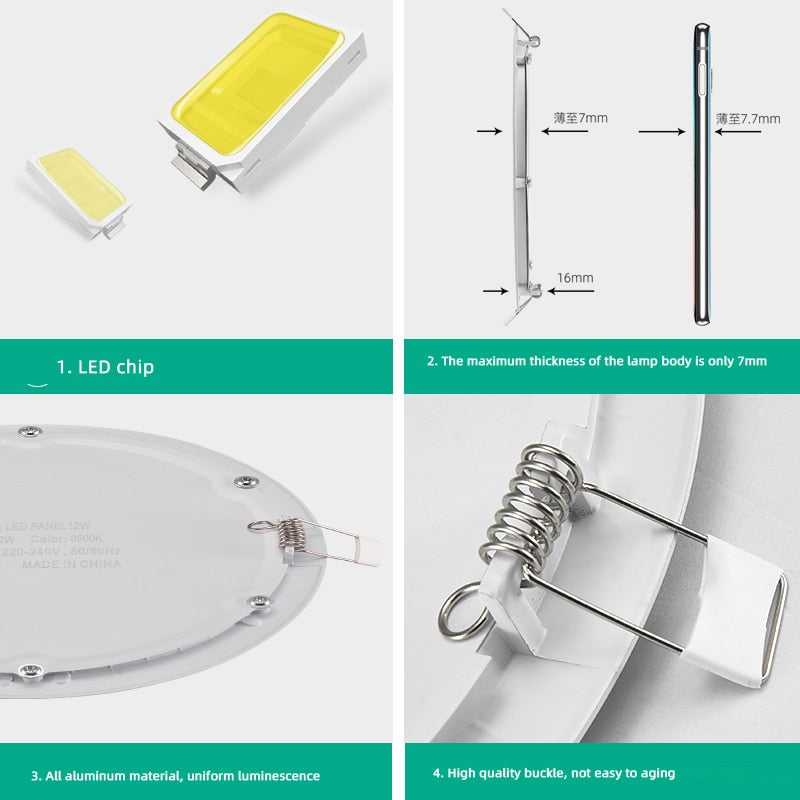 Ultrathin LED Downlight LED Round Panel Light 3W 6W 9W 12W 15W 18W Led Ceiling Recessed Grid Downlight Lamp Lighting 110V 220V