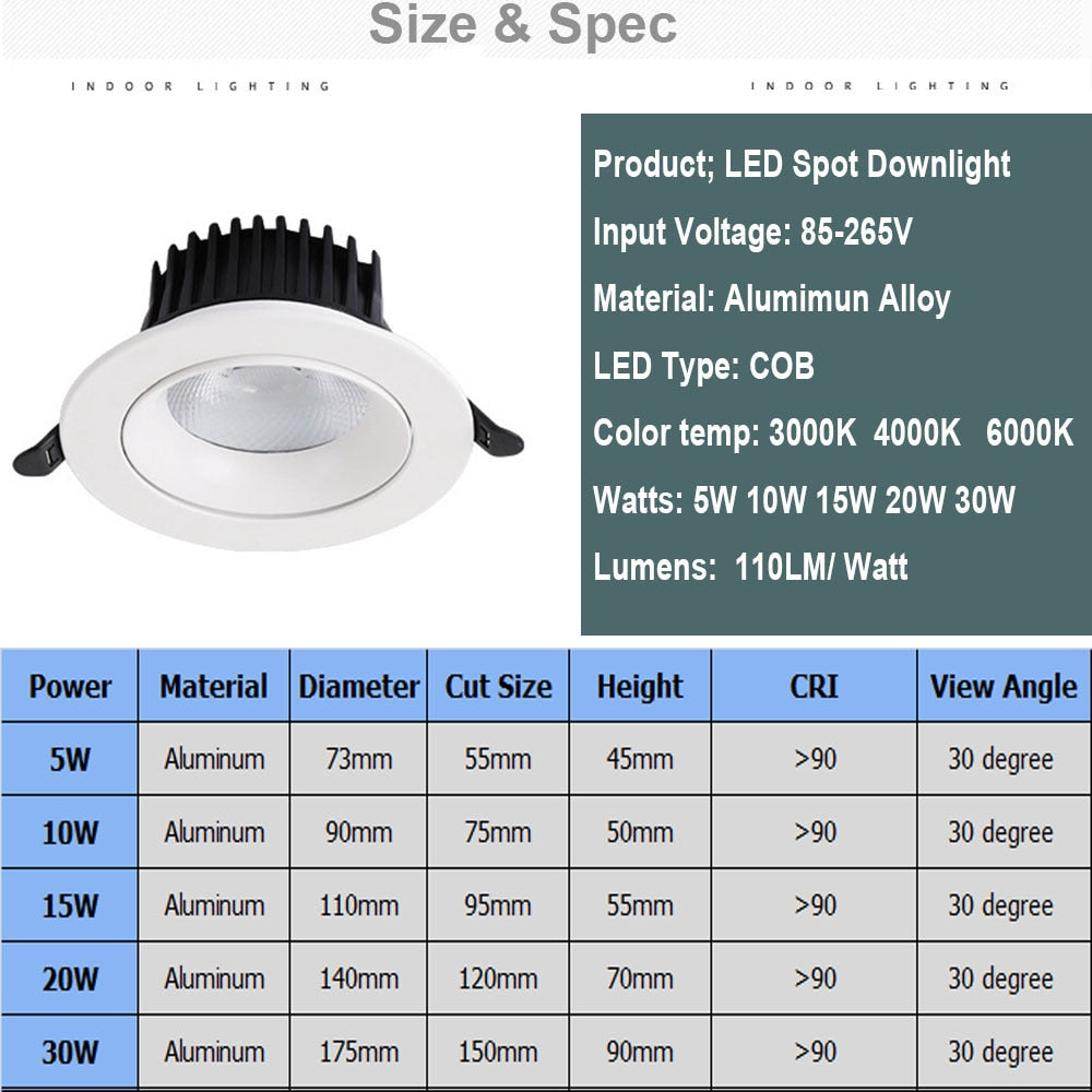 Recessed LED Downlight 5W 10W 15W 20W 30W Adjustable Spot LED Ceiling Down light 90-260V Dimmable LED Spotlight