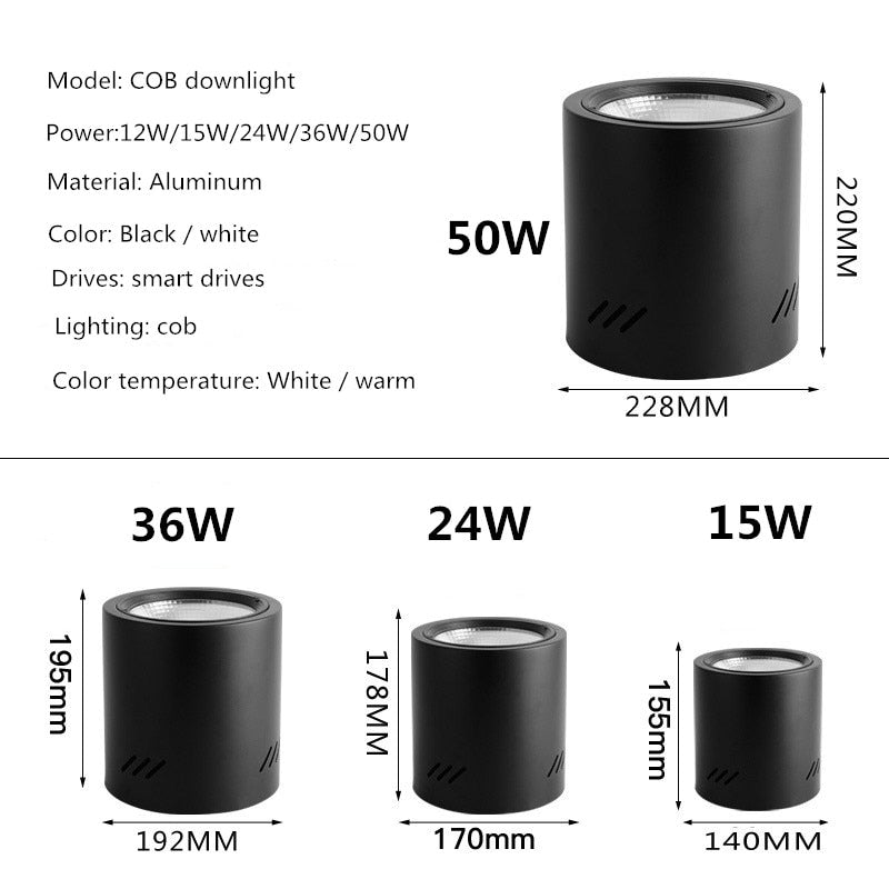 Surface Mounted Downlight 12W 15W 24W 36W 50W Dimmable cob downlight AC110/220V led ceiling light spot light with Driver