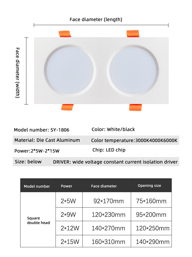 Square downlight Recessed LED Ceiling lamp Downlight 7W/9W/12W/2X7W/2X9W/2X12W White tBlack Kitchen indoor lighting Led lamp light
